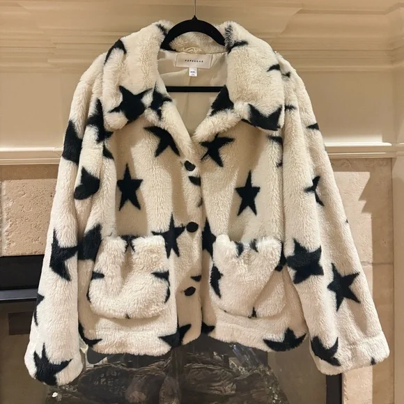 Popsugar Star Patterned Faux Fur Collared Coat XXL EUC - Picture 2 of 11